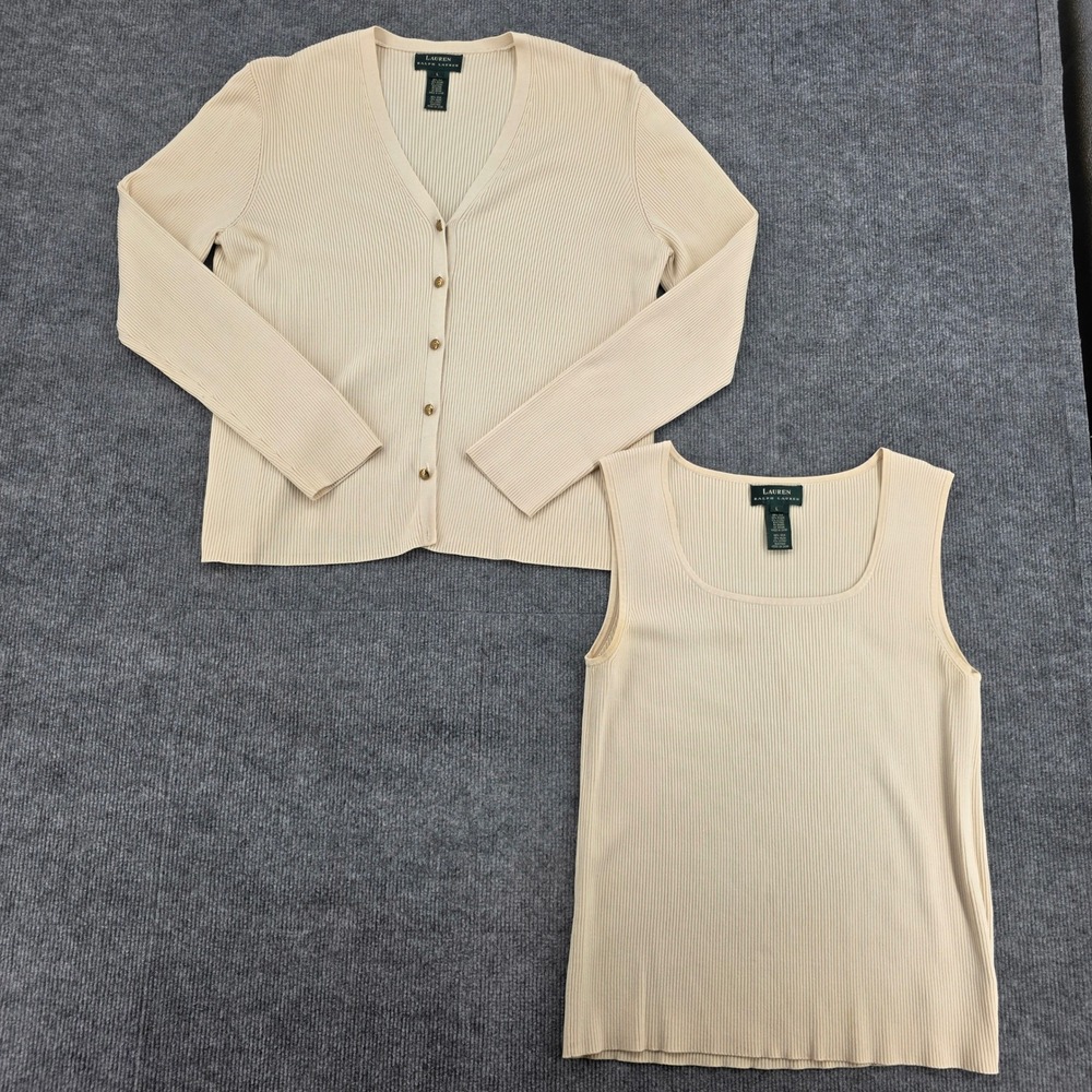 Lauren Ralph Lauren Silk Blend Ribbed Cardigan Tank Twin Set Cream Beige Large